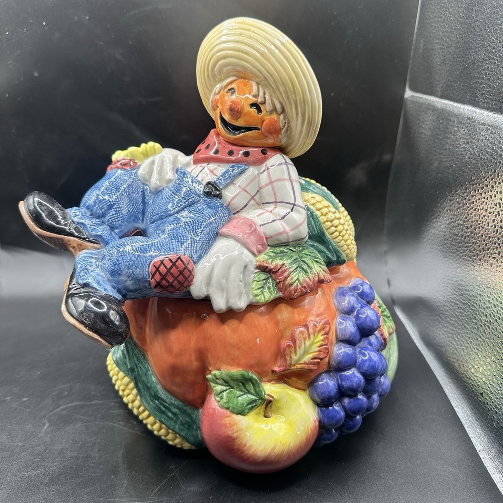 VTG Fitz and Floyd Scarecrow Pumpkin Cookie Jar  Fall Harvest Halloween 1996 HTF